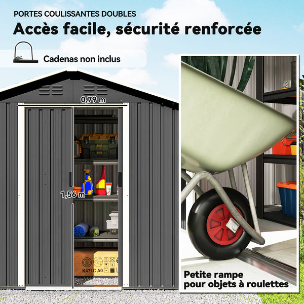 Abri de jardin en métal 1,8 m², cabane de jardin à outils en métal, 194 x 107 x 191 cm, grand espace de rangement extérieur avec portes coulissantes et 4 aérations, gris foncé