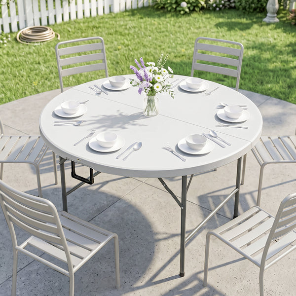 Table ronde de jardin pliante Ø122 cm peut accueillir 6 personnes pour évènement, structure métal, plateau HDPE