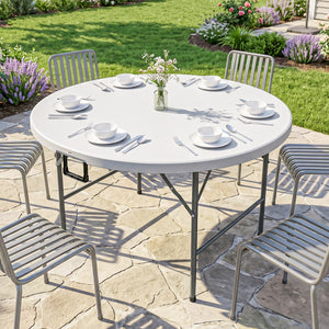 Table ronde de jardin pliante Ø122 cm peut accueillir 6 personnes pour évènement, structure métal, plateau HDPE