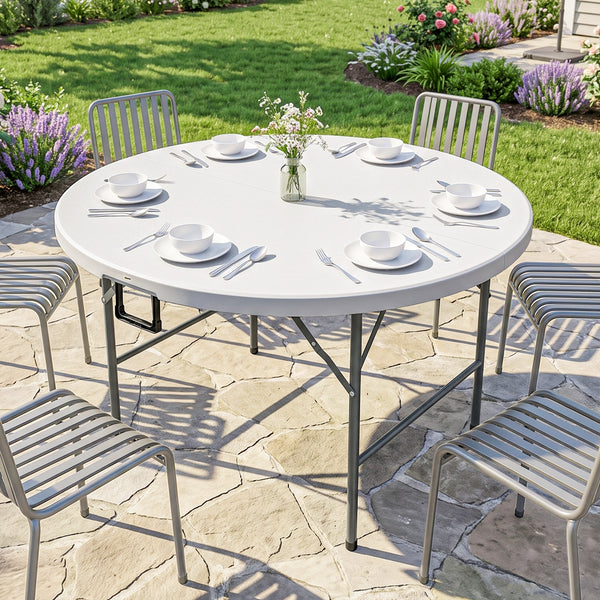 Table ronde de jardin pliante Ø122 cm peut accueillir 6 personnes pour évènement, structure métal, plateau HDPE