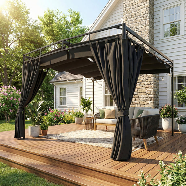 Pergola de Jardin 3x3m en Métal Robuste avec Toit Rétractable et Rideaux - Tonnelle de Terrasse avec Système de Poulie - 9m² Abri Extérieur Stable pour Salon de Jardin Gris Anthracite