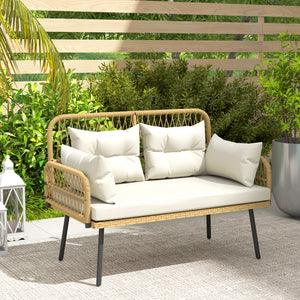 Canapé de jardin avec coussins et oreillers 2 places en résine tressée, canapé d'extérieur avec accoudoirs, cadre en acier galvanisé pour balcon, beige