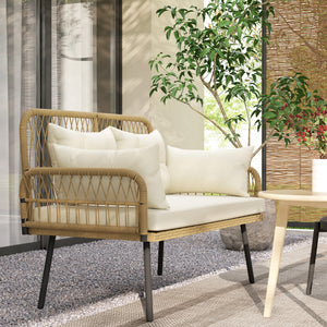 Canapé de jardin avec coussins et oreillers 2 places en résine tressée, canapé d'extérieur avec accoudoirs, cadre en acier galvanisé pour balcon, beige