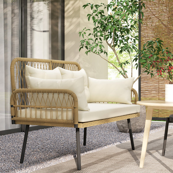 Canapé de jardin avec coussins et oreillers 2 places en résine tressée, canapé d'extérieur avec accoudoirs, cadre en acier galvanisé pour balcon, beige
