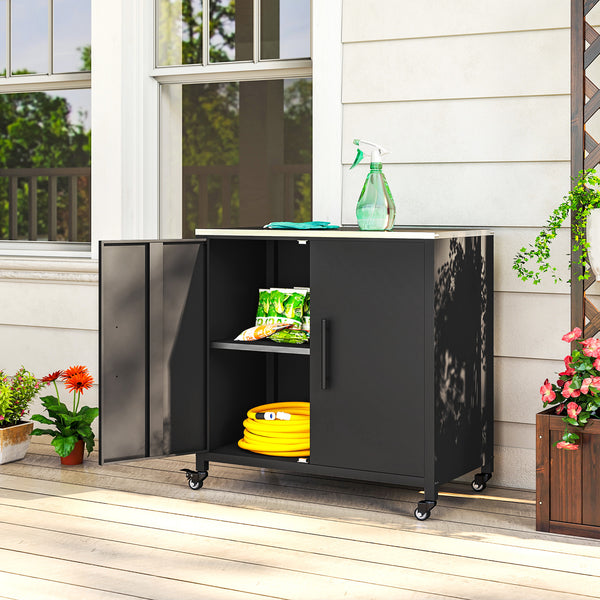 Armoire de jardin en Métal Extérieur, Armoire de Rangement de Jardin avec Toit en Acier Inoxydable et Roulettes, Portes Magnétique et Étagère Amovible, 80 x 50 x 90 cm, Noir