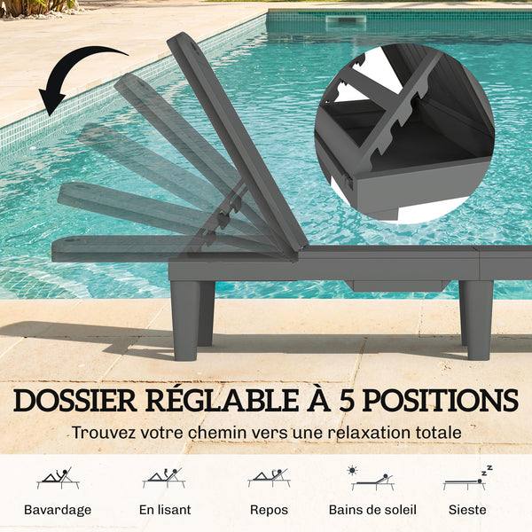 Lot de 2 chaises longues de jardin, en plastique PP avec plateau latéral, inclinables à 5 positions, tout temps, pour terrasse, piscine, jardin, plage, gris