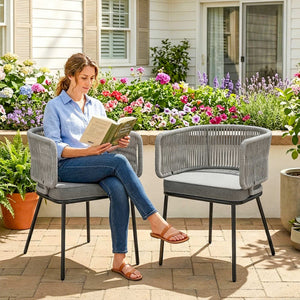 Lot de 2 Fauteuils de Jardin, Chaises de Balcon avec Dossier et Accoudoirs en Corde Résine Tressée, Coussins Amovibles, Cadre en Acier, Chaise de Jardin pour Plage Balcon Terrasse, Gris Clair