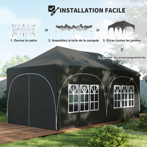 Tonnelle pliante 3x6m imperméable anti-UV, barnum avec 6 parois & 6 sacs de sable - tente de réception 12 trous de drainage - pavillon pop-up, 4 fenêtres église pour mariage, marché - gris