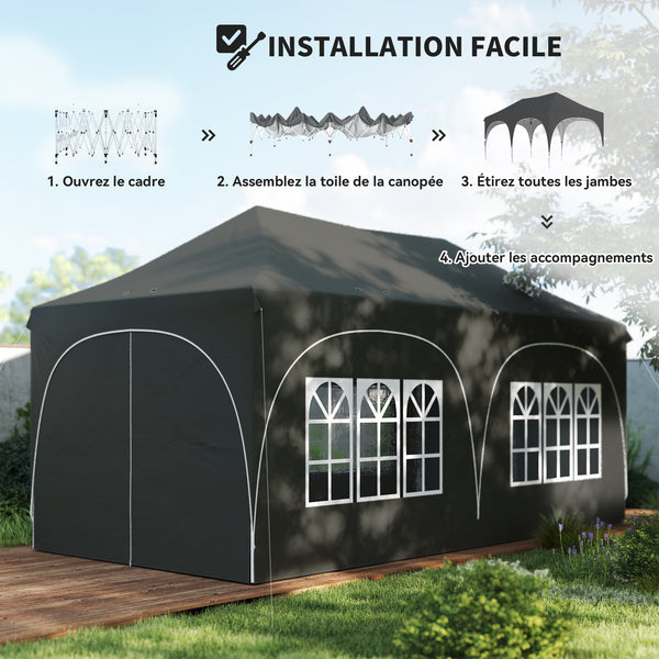 Tonnelle pliante 3x6m imperméable anti-UV, barnum avec 6 parois & 6 sacs de sable - tente de réception 12 trous de drainage - pavillon pop-up, 4 fenêtres église pour mariage, marché - gris