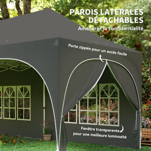 Tonnelle pliante 3x6m imperméable anti-UV, barnum avec 6 parois & 6 sacs de sable - tente de réception 12 trous de drainage - pavillon pop-up, 4 fenêtres église pour mariage, marché - gris