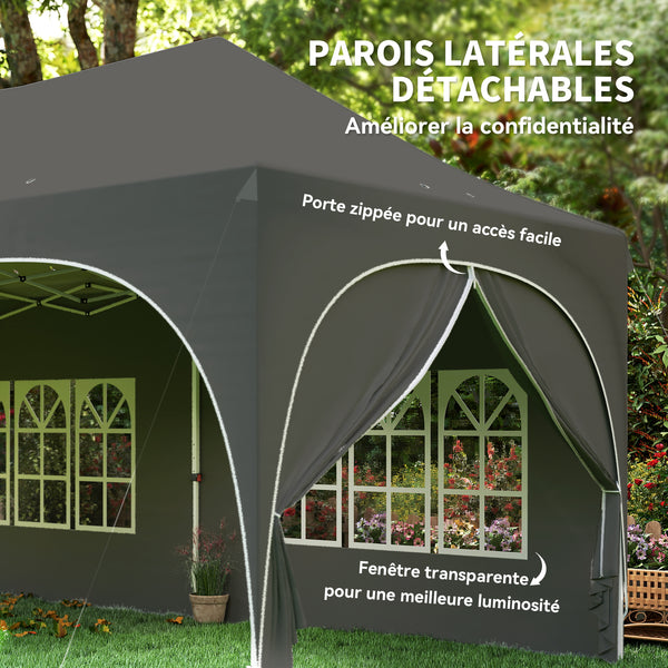 Tonnelle pliante 3x6m imperméable anti-UV, barnum avec 6 parois & 6 sacs de sable - tente de réception 12 trous de drainage - pavillon pop-up, 4 fenêtres église pour mariage, marché - gris