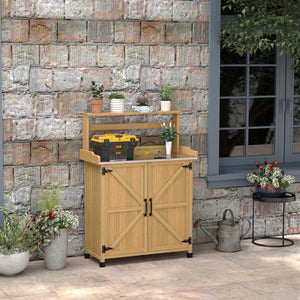 Table de rempotage table de jardinage style rustique avec placard et étagères et plateau galvanisé patins antidérapants en bois sapin pré-huilé dim. 90,5L x 41l x 124,5H cm jaune