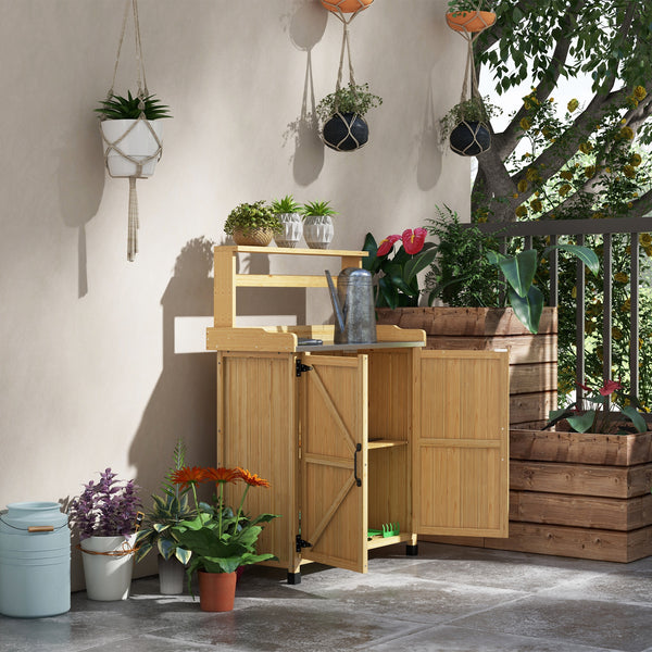 Table de rempotage table de jardinage style rustique avec placard et étagères et plateau galvanisé patins antidérapants en bois sapin pré-huilé dim. 90,5L x 41l x 124,5H cm jaune