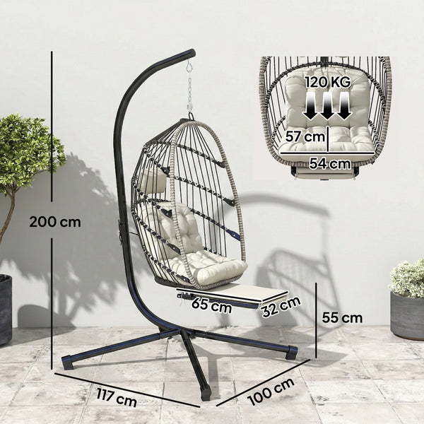 Fauteuil suspendu avec support, chaise suspendue pliante avec repose-pieds rétractable, coussin doux et appuie-tête, pour intérieur et extérieur, terrasse ou jardin, gris clair