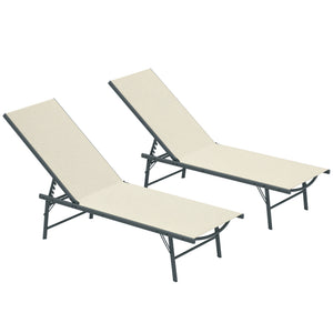Lot de 2 bain de soleil, chaise longue pliante en textilène, transat jardin extérieur inclinable de plage, relax, camping, piscine, terrasse, 54 x 164 x 84 cm, crème