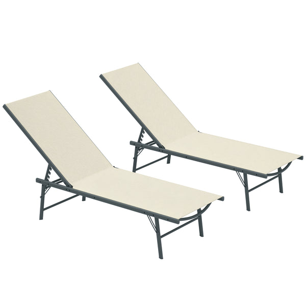 Lot de 2 bain de soleil, chaise longue pliante en textilène, transat jardin extérieur inclinable de plage, relax, camping, piscine, terrasse, 54 x 164 x 84 cm, crème