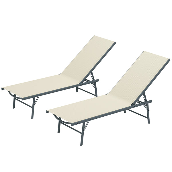 Lot de 2 bain de soleil, chaise longue pliante en textilène, transat jardin extérieur inclinable de plage, relax, camping, piscine, terrasse, 54 x 164 x 84 cm, crème