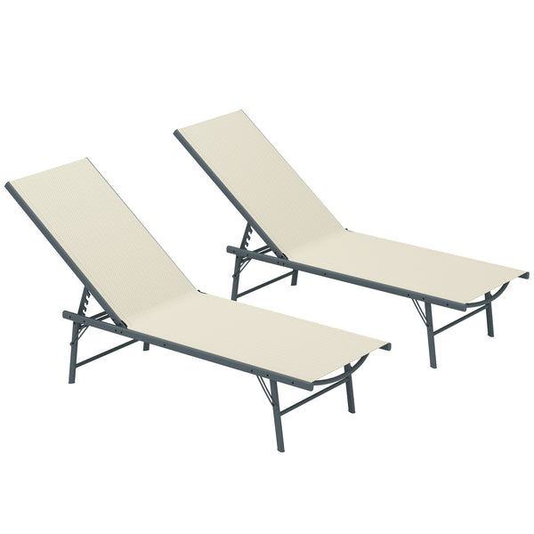 Lot de 2 bain de soleil, chaise longue pliante en textilène, transat jardin extérieur inclinable de plage, relax, camping, piscine, terrasse, 54 x 164 x 84 cm, crème