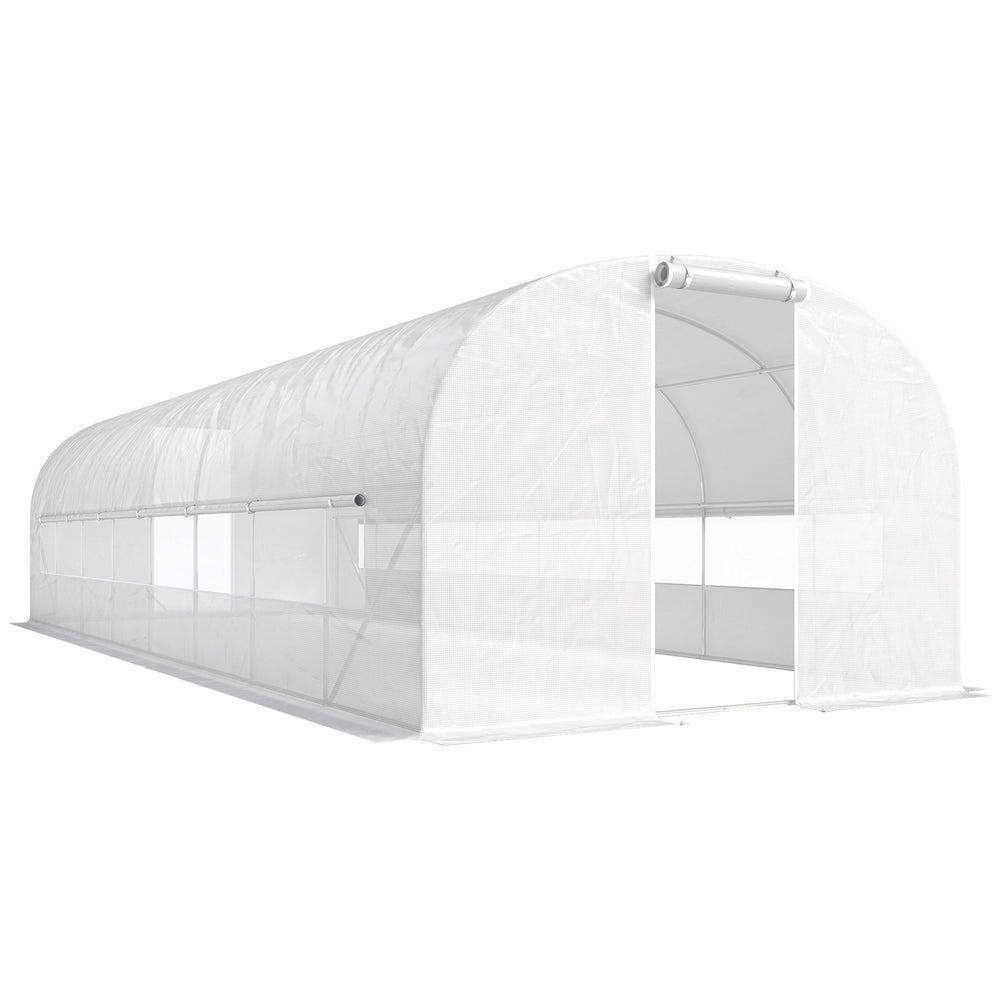 Serre tunnel de jardin 24m², serre de jardin tunnel 295x798x198cm avec cadre en acier galvanisé, portes et 2 grandes fenêtres, bâche PE haute densité 140 g/m² prolongée de 20 cm, blanc