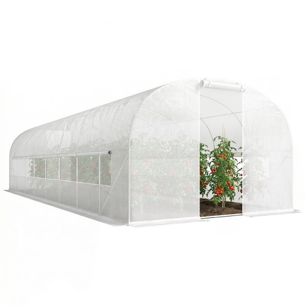 Serre tunnel de jardin 24m², serre de jardin tunnel 295x798x198cm avec cadre en acier galvanisé, portes et 2 grandes fenêtres, bâche PE haute densité 140 g/m² prolongée de 20 cm, blanc