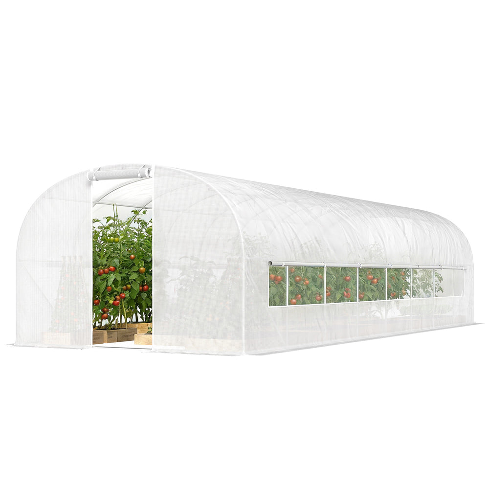 Serre tunnel de jardin 24m², serre de jardin tunnel 295x798x198cm avec cadre en acier galvanisé, portes et 2 grandes fenêtres, bâche PE haute densité 140 g/m² prolongée de 20 cm, blanc