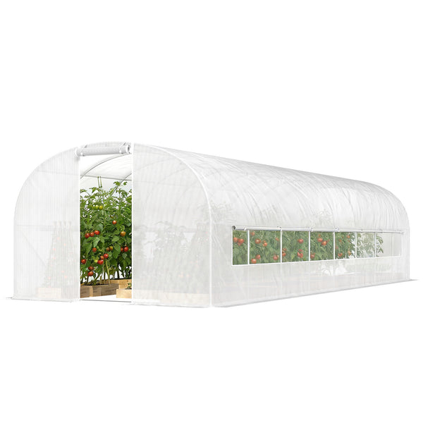 Serre tunnel de jardin 24m², serre de jardin tunnel 295x798x198cm avec cadre en acier galvanisé, portes et 2 grandes fenêtres, bâche PE haute densité 140 g/m² prolongée de 20 cm, blanc