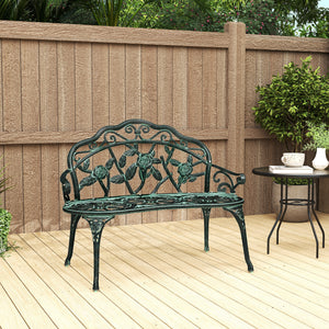 Banc de Jardin 2 Places Style néo-rétro Motif Rose Lignes fuselées 100L x 54l x 78H cm Fonte d'aluminium Vert Vieilli