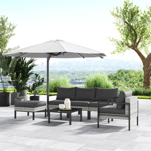 Salon de jardin extérieur 5 personnes, salon de balcon en résine tressée avec fauteuils, pouf et table basse, coussins déhoussables inclus, charge 120 kg, gris clair