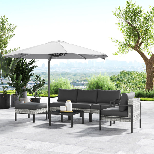 Salon de jardin extérieur 5 personnes, salon de balcon en résine tressée avec fauteuils, pouf et table basse, coussins déhoussables inclus, charge 120 kg, gris clair