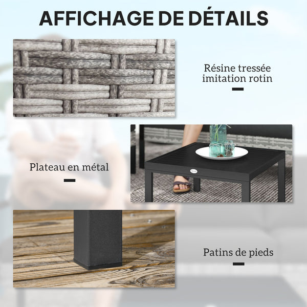 Salon de jardin extérieur 5 personnes, salon de balcon en résine tressée avec fauteuils, pouf et table basse, coussins déhoussables inclus, charge 120 kg, gris clair