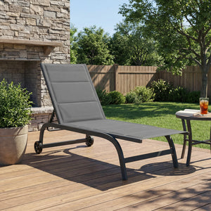 Bain de Soleil en Aluminium, Dossier Réglable 6 Positions avec Roues, Textilène 560g/m² et Rembourrage Intégré, Chaise Longue Anti-Rouille pour Terrasse Piscine Jardin Plage, Gris Foncé