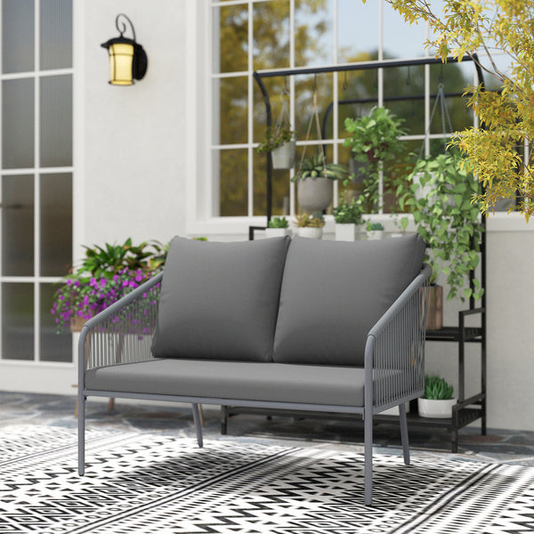 Canapé de jardin 2 places en résine tressée avec coussins, canapé d'extérieur avec accoudoirs, cadre en acier pour balcon, gris