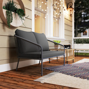 Canapé de jardin 2 places en résine tressée avec coussins, canapé d'extérieur avec accoudoirs, cadre en acier pour balcon, gris