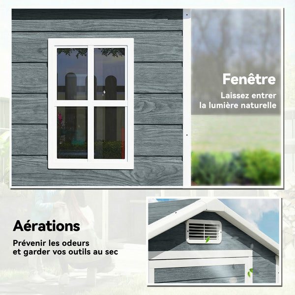 Abri de jardin en résine effet bois, 128x104x196cm (1,09 m²) - cabane de stockage avec plancher, fenêtre et toit pointu anti-pluie - rangement extérieur pour outils et tondeuse, gris