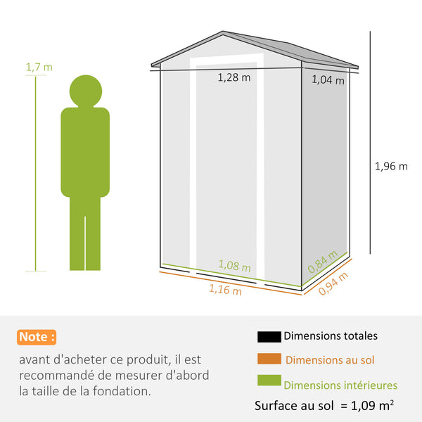 Abri de jardin en résine effet bois, 128x104x196cm (1,09 m²) - cabane de stockage avec plancher, fenêtre et toit pointu anti-pluie - rangement extérieur pour outils et tondeuse, gris