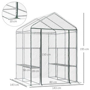 Serre de jardin avec étagères 3 niveaux, serre de balcon, châssis en acier, porte zippée enroulable, pour légumes plantes fleurs, intérieur et extérieur, 143x143x195cm, transparent