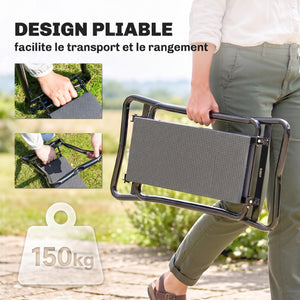 Tabouret de Jardin Pliable 2 en 1 - Agenouilloir de Jardin en Acier, Robuste, Coussin en Mousse EVA, 4 Poches à Outils Amovible - Cadeau pour Personnes Âgées, Charge 150kg, Gris