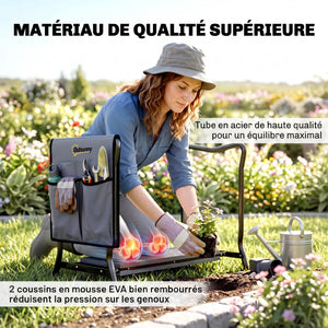 Tabouret de Jardin Pliable 2 en 1 - Agenouilloir de Jardin en Acier, Robuste, Coussin en Mousse EVA, 4 Poches à Outils Amovible - Cadeau pour Personnes Âgées, Charge 150kg, Gris