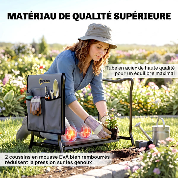 Tabouret de Jardin Pliable 2 en 1 - Agenouilloir de Jardin en Acier, Robuste, Coussin en Mousse EVA, 4 Poches à Outils Amovible - Cadeau pour Personnes Âgées, Charge 150kg, Gris