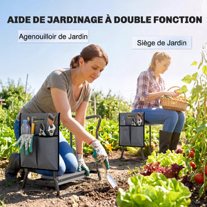 Tabouret de Jardin Pliable 2 en 1 - Agenouilloir de Jardin en Acier, Robuste, Coussin en Mousse EVA, 4 Poches à Outils Amovible - Cadeau pour Personnes Âgées, Charge 150kg, Gris