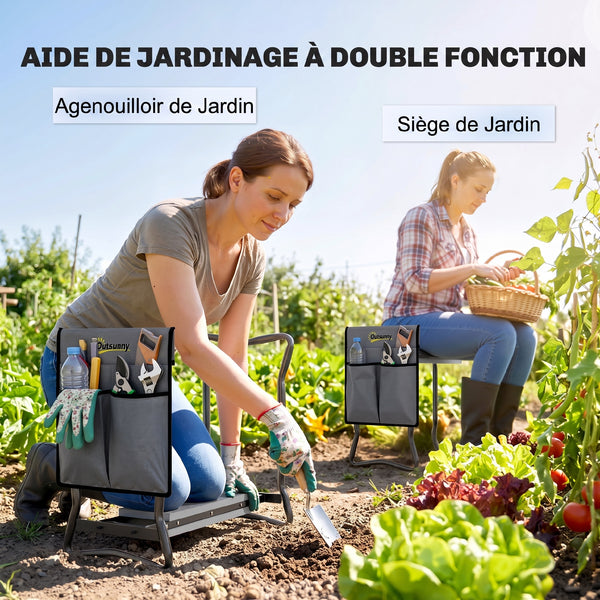 Tabouret de Jardin Pliable 2 en 1 - Agenouilloir de Jardin en Acier, Robuste, Coussin en Mousse EVA, 4 Poches à Outils Amovible - Cadeau pour Personnes Âgées, Charge 150kg, Gris