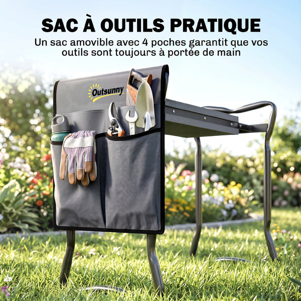 Tabouret de Jardin Pliable 2 en 1 - Agenouilloir de Jardin en Acier, Robuste, Coussin en Mousse EVA, 4 Poches à Outils Amovible - Cadeau pour Personnes Âgées, Charge 150kg, Gris