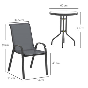 3 pièces salon de jardin extérieur, ensemble de meubles 2 fauteuils empilables, table basse avec dessus en verre trempé, tissu en textilène, pour patio, terrasse, balcon, gris foncé
