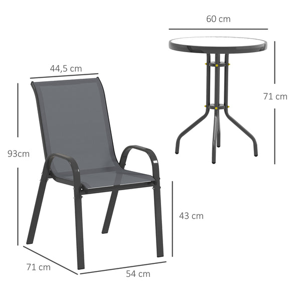 3 pièces salon de jardin extérieur, ensemble de meubles 2 fauteuils empilables, table basse avec dessus en verre trempé, tissu en textilène, pour patio, terrasse, balcon, gris foncé