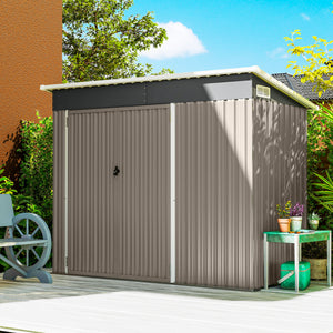 Abri de jardin en métal, cabane de jardin extérieure 234 x 132 x 185 cm, triple porte verrouillable, toit incliné, aérations et gants, cabanon rangement outils en acier galvanisé, gris clair