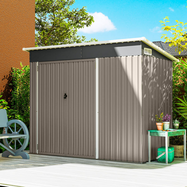 Abri de jardin en métal, cabane de jardin extérieure 234 x 132 x 185 cm, triple porte verrouillable, toit incliné, aérations et gants, cabanon rangement outils en acier galvanisé, gris clair