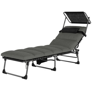 Bain de Soleil 5 Positions Inclinables avec Canopy Coussin Appuie-tête, Lit de Soleil Portable avec Poche Latérale et Poignée de Transport, pour Plage Camping Piscine, 190x57x30cm, Gris Foncé