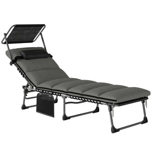Bain de Soleil 5 Positions Inclinables avec Canopy Coussin Appuie-tête, Lit de Soleil Portable avec Poche Latérale et Poignée de Transport, pour Plage Camping Piscine, 190x57x30cm, Gris Foncé