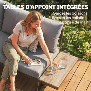 Salon de jardin extérieur 6 personnes - ensemble de canapé extérieur modulable avec table basse et plateaux latéraux en bois PSPC - coussins épais 10cm confortable pour terrasse, balcon gris