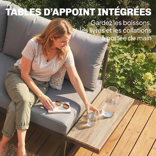 Salon de jardin extérieur 6 personnes - ensemble de canapé extérieur modulable avec table basse et plateaux latéraux en bois PSPC - coussins épais 10cm confortable pour terrasse, balcon gris